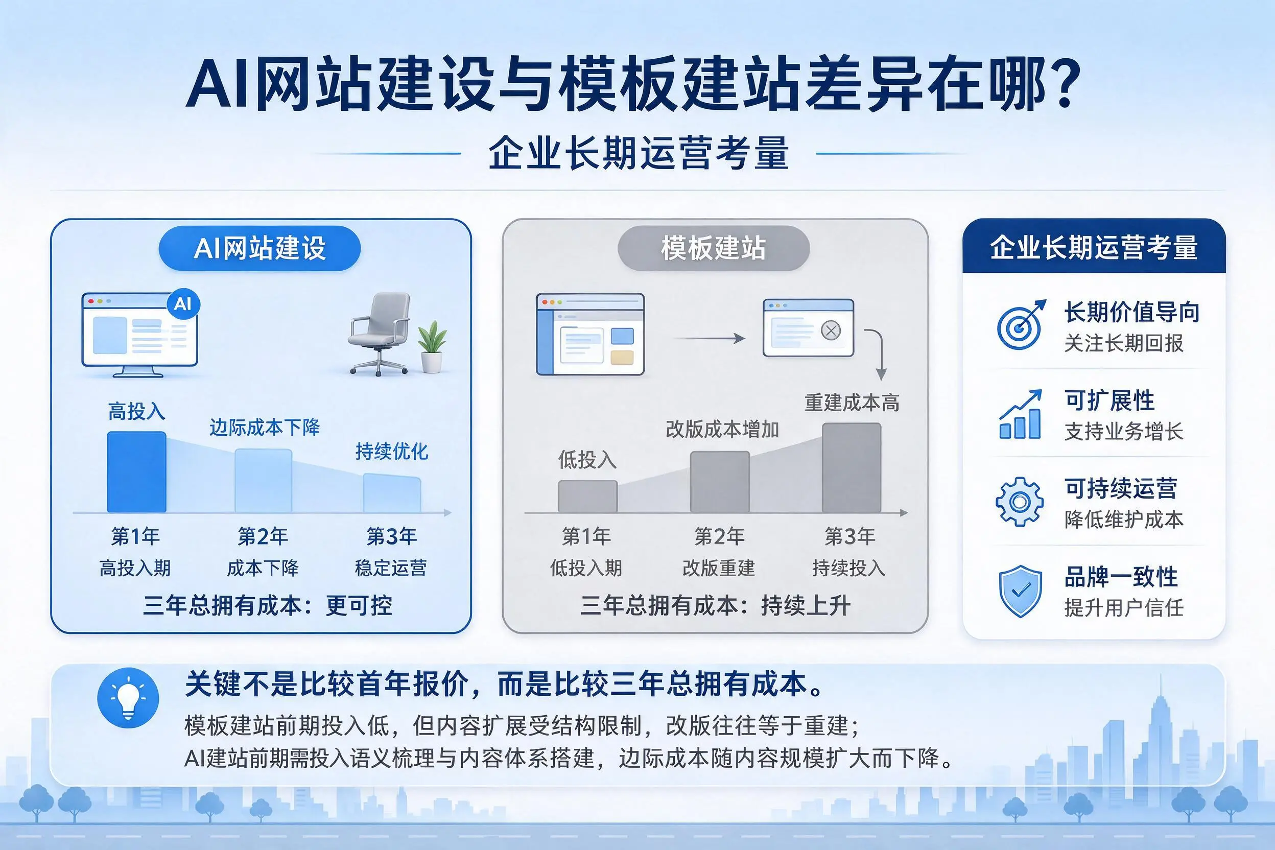 AI网站建设与模板建站差异在哪?阿克苏企业长期运营考量